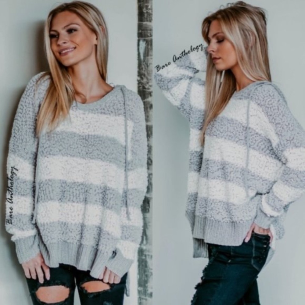 #48 Cozy Stripe Color Block Popcorn Hoodie Sweater Top - Picture 3 of 5